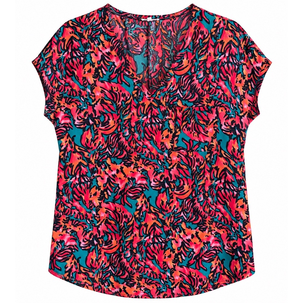 Jodifl Jewel Tone Abstract Floral Tunic Top Medium Oversized V Neck Boho